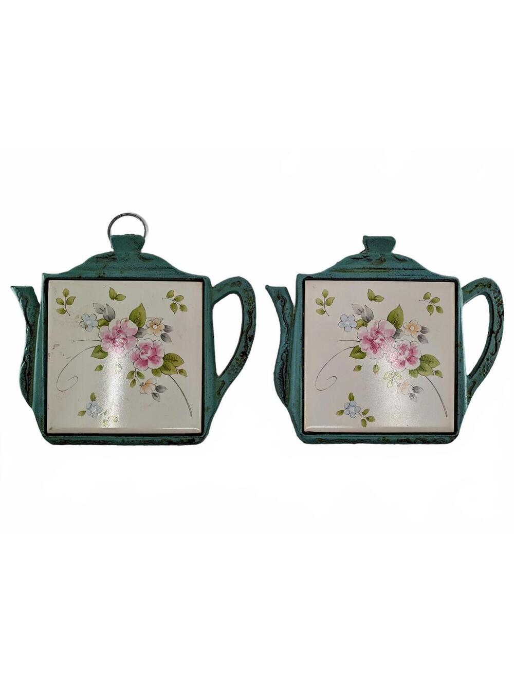 Vintage Pfaltzgraff Tea Rose Teapot Metal Trivets Set of 2 Original Stickers